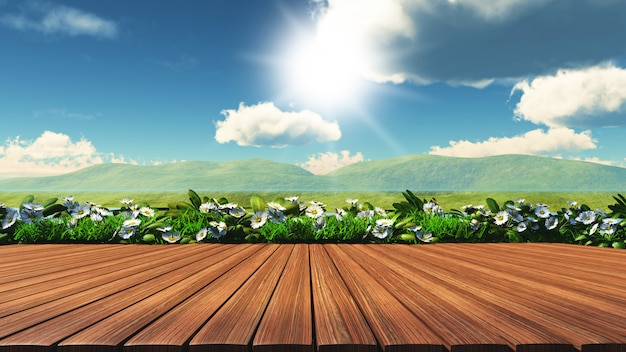 Free Photo 3d wooden table with daisies, grass and hills