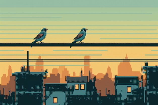 8-bit graphics pixels scene with birds