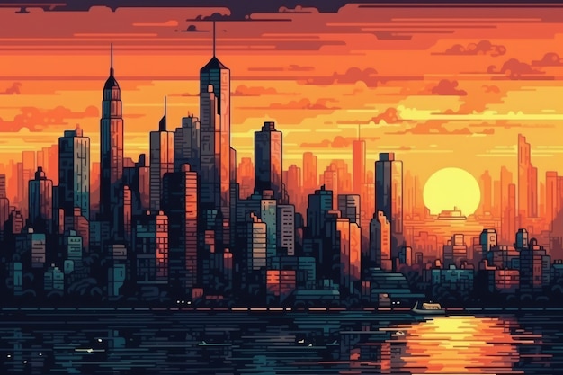 Free Photo 8-bit graphics pixels scene with city at sunset