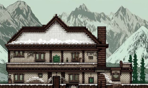 Free photo 8-bit graphics pixels scene with house and mountains