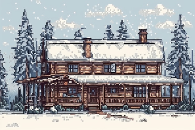 Free photo 8-bit graphics pixels scene with house in winter