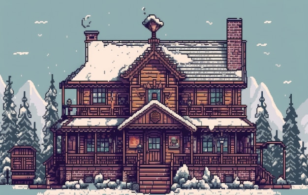 Free photo 8-bit graphics pixels scene with house in winter