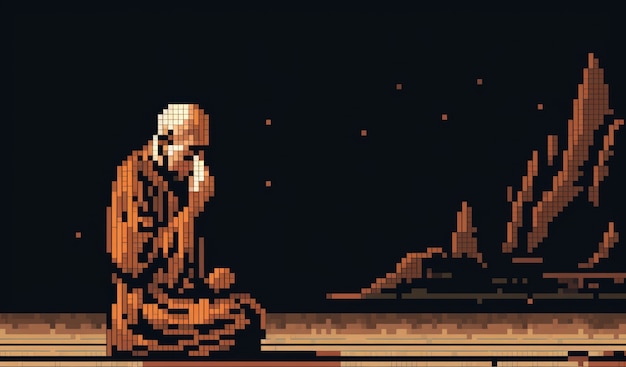 8-bit graphics pixels scene with monk