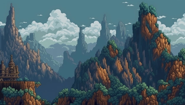 Free photo 8-bit graphics pixels scene with mountains