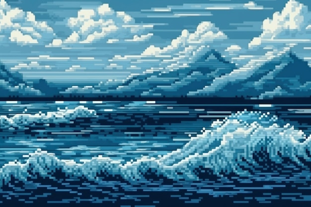 Free photo 8-bit graphics pixels scene with ocean waves