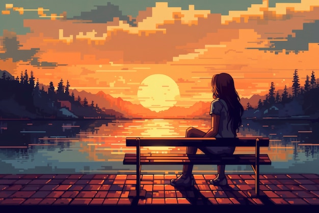 Free photo 8-bit graphics pixels scene with person on bench at sunset