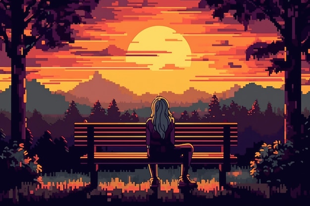 Free photo 8-bit graphics pixels scene with person on bench at sunset