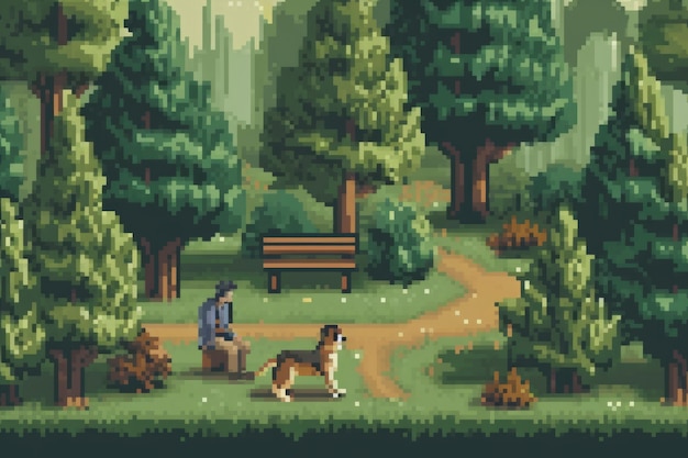 Free Photo 8-bit graphics pixels scene with person walking dog at the park