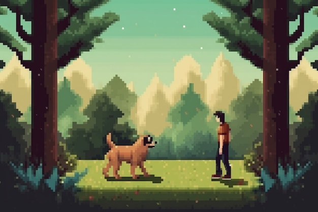 Free photo 8-bit graphics pixels scene with person walking dog at the park