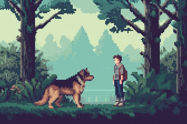 Free photo 8-bit graphics pixels scene with person walking dog at the park