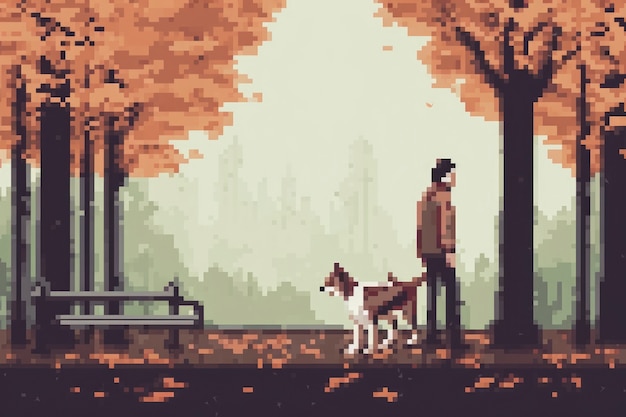 Free photo 8-bit graphics pixels scene with person walking dog at the park