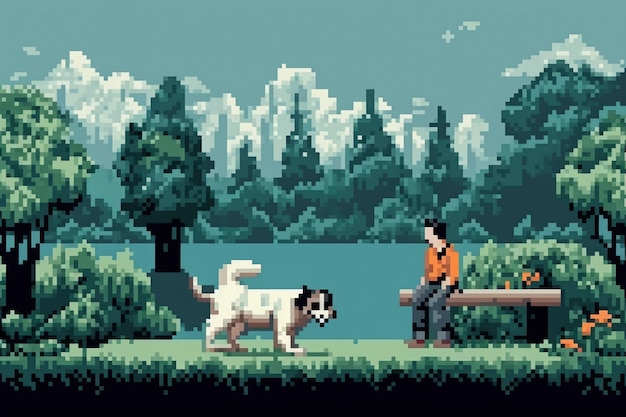 Free photo 8-bit graphics pixels scene with person walking dog at the park