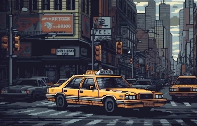 Free photo 8-bit graphics pixels scene with taxi