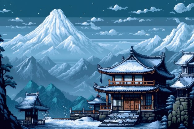 8-bit graphics pixels scene with temple and mountains