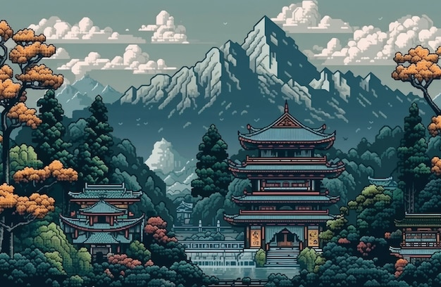 8-bit graphics pixels scene with temple and mountains