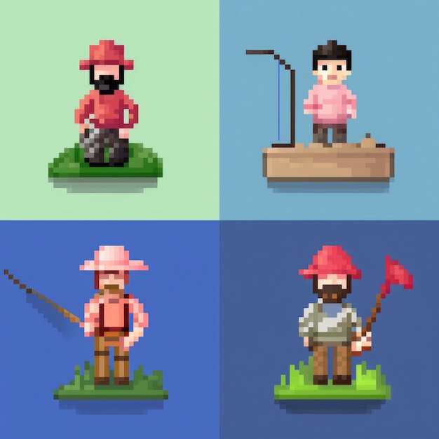 Free photo 8-bits fisherman characters gaming assets