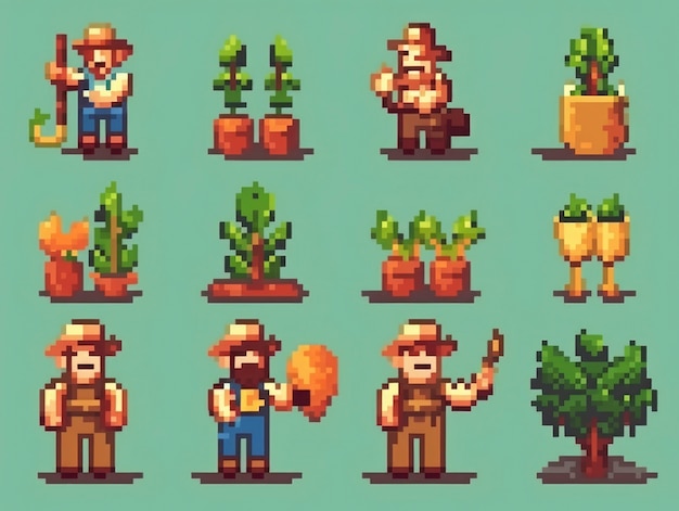 Free photo 8-bits gardener characters gaming assets