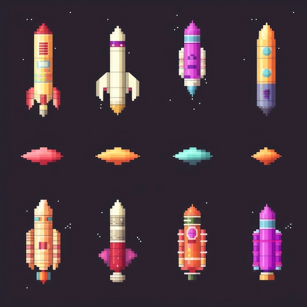 8-bits rockets gaming assets