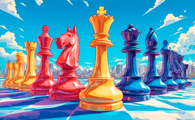 Abstract chess pieces in digital art style