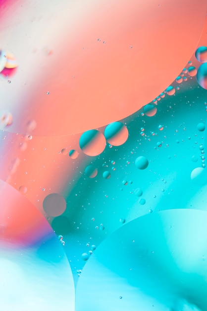 Abstract colorful oil drops in liquid on hued defocused background