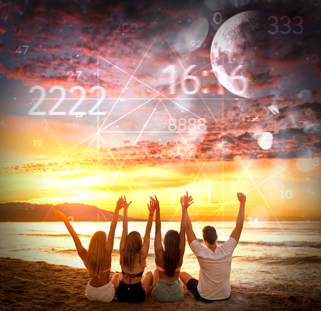 Free Photo abstract numerology concept with friends at beach