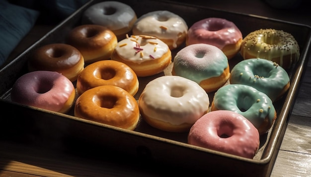 Free Photo abundance of chocolate doughnuts in box generated by ai