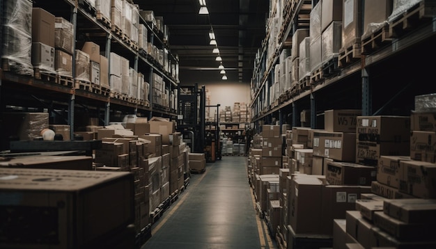 Free photo abundance of crates on shelf in warehouse generated by ai