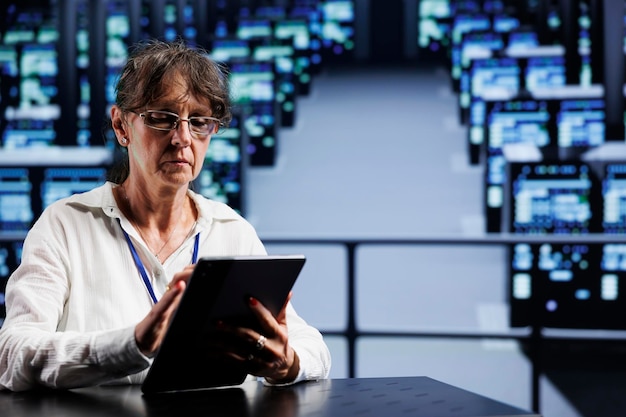 Free photo adept worker preparing blade servers contingency plan, monitoring data center energy consumption across inside parts, making sure sensors are functioning seamlessly, doing routine disk checks