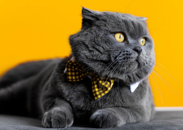 Free photo adorable british shorthair kitty with monochrome wall behind her