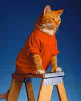 Free photo adorable cat wearing red clothes sitting on a wooden ladder