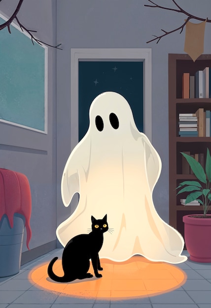 Free photo adorable ghost with cat illustration