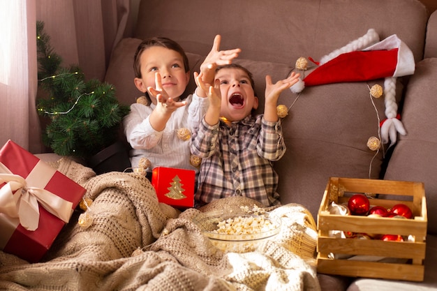 Free photo adorable little brothers spending time together on christmas