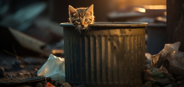 Free Photo adorable looking kitten in trash can