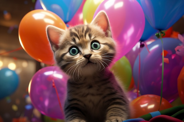 Adorable looking kitten with balloons