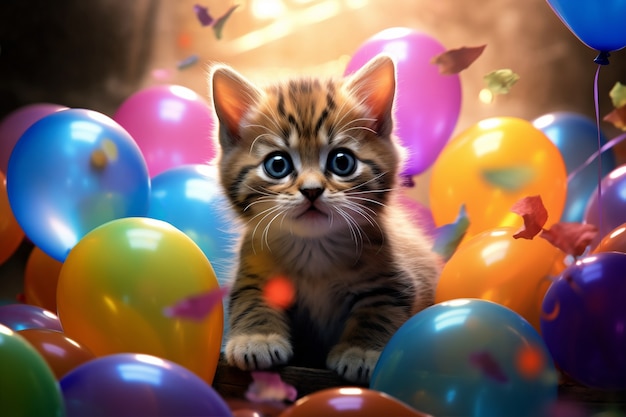 Free photo adorable looking kitten with balloons