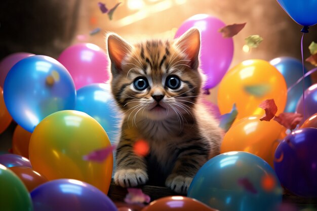 Adorable looking kitten with balloons