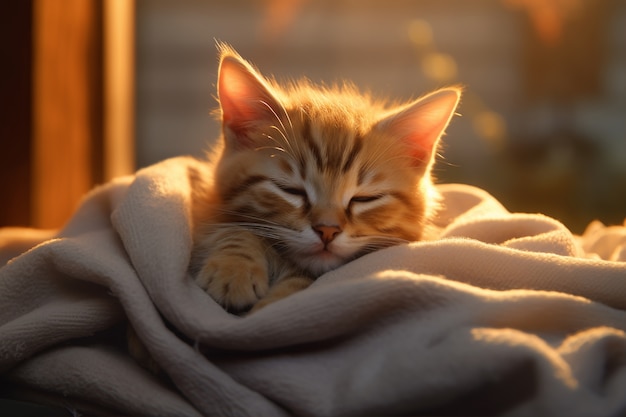 Adorable looking kitten with blanket