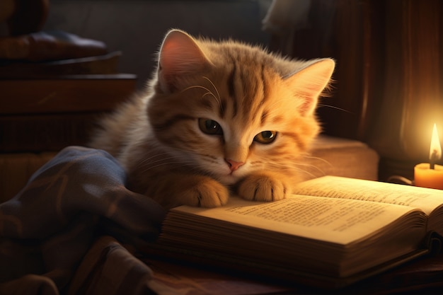 Free Photo adorable looking kitten with book