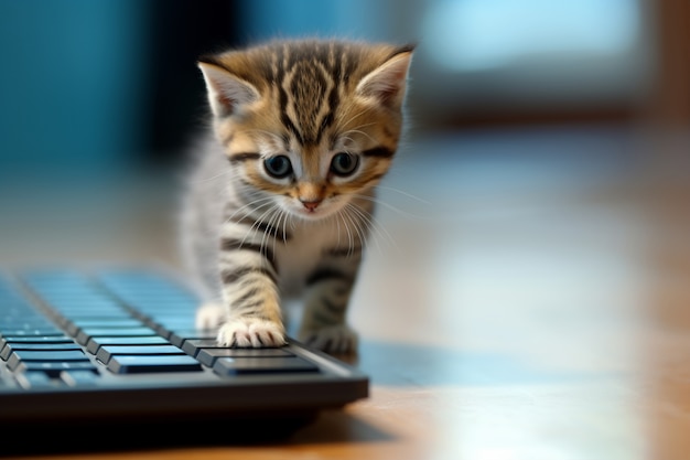 Free Photo adorable looking kitten with keyboard