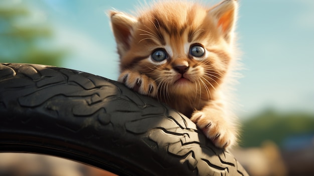 Adorable looking kitten with rubber tire