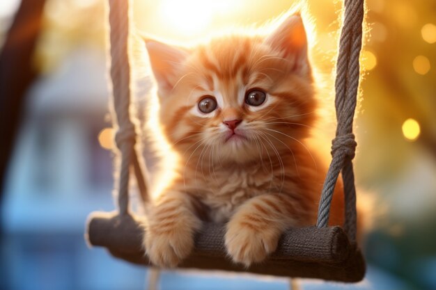 Adorable looking kitten with swing