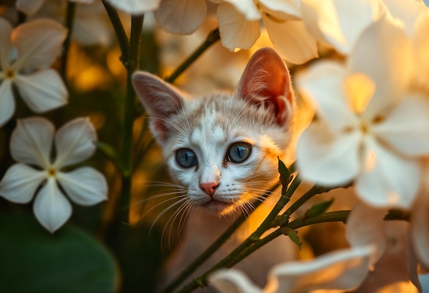 Adorable portrait of pet surrounded by flowers