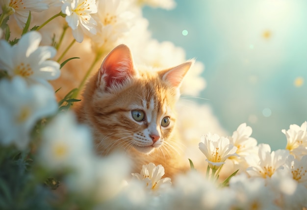 Free photo adorable portrait of pet surrounded by flowers