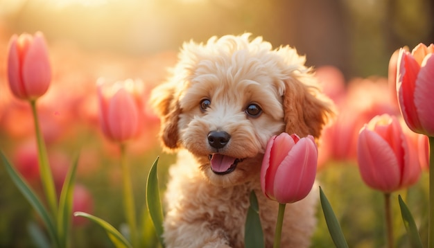 Adorable portrait of pet surrounded by flowers