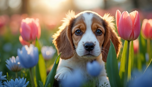 Adorable portrait of pet surrounded by flowers