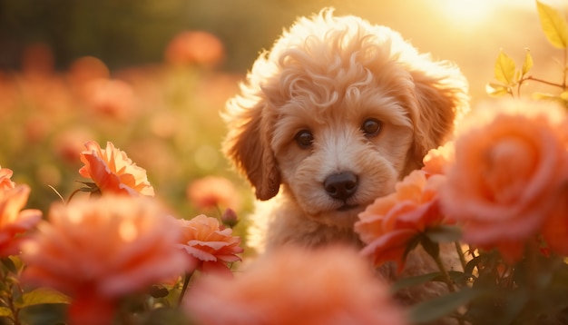 Free photo adorable portrait of pet surrounded by flowers