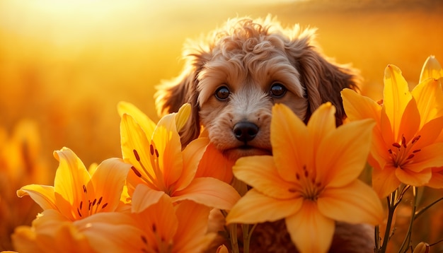 Adorable portrait of pet surrounded by flowers