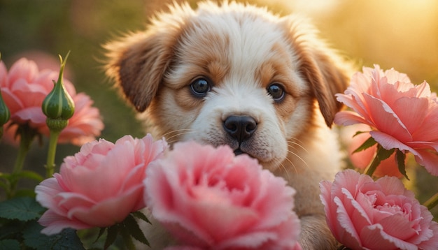 Adorable portrait of pet surrounded by flowers