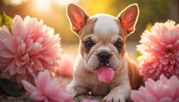 Free photo adorable portrait of pet surrounded by flowers