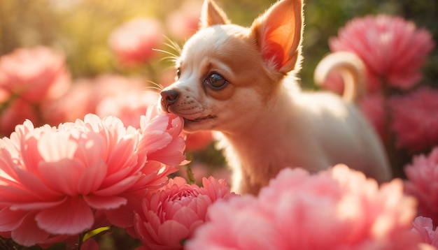 Free photo adorable portrait of pet surrounded by flowers